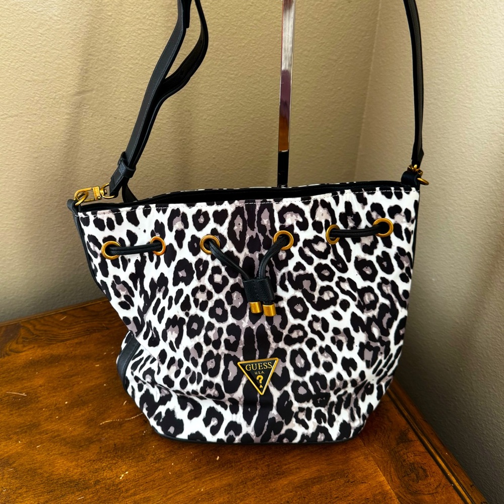 Guess Black and White Leopard Print Crossbody Bag
